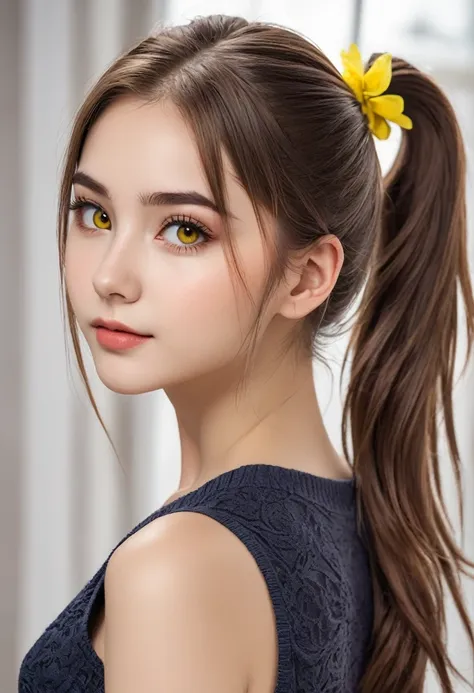 photo of miruka sowt, 18 year old woman, attractive proportional body, fair complexion, brown hair in detailed ponytail, bright ...