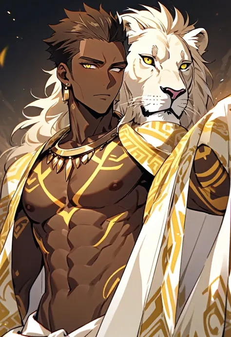 Handsome, solo, 1 male, African man,(((brown skin))), ((short)) wild golden hair,  yellow eyes, no shirt, tattoed yellow tribal arms, white lion cloak)), pride posture