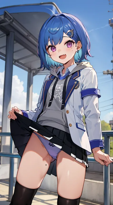 masterpiece, best quality, highres, 1girl, solo, grey hoodie, fang, blue hair, skin fang, blazer, short hair, white jacket, (mole on thigh:0.8), bangs, black skirt, hair behind ear, black socks, collared shirt, purple eyes, pleated skirt, armband, mole, ha...