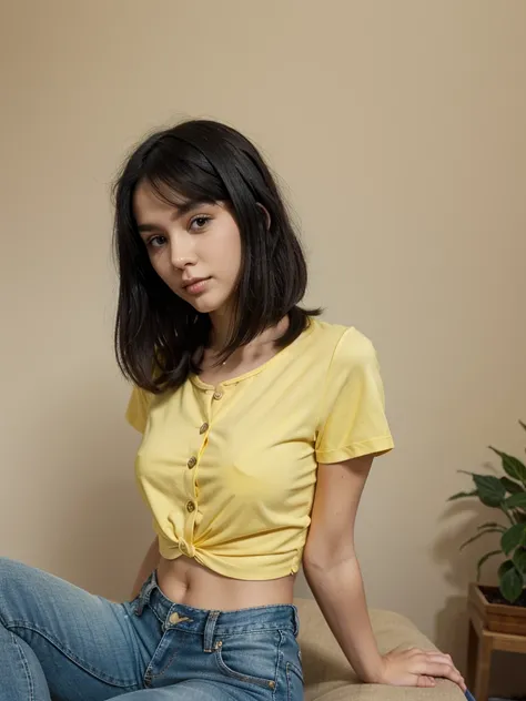 A full body photo of an 25 years old woman with black straight hair, side part Bob haircut without fringe, black eyes small, upturned nose, slender body, small breasts, wearing a short sleeve yellow blouse with buttons on the front and thight blue jeans