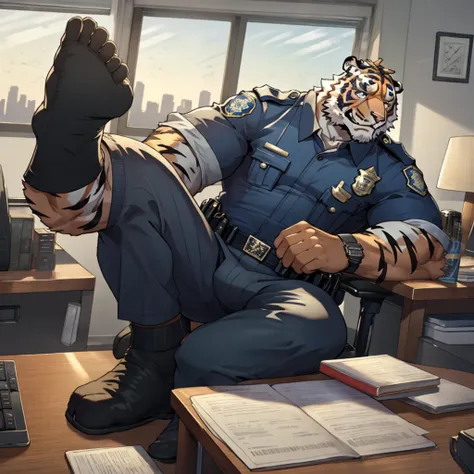 best quality, masterpiece, ultra-detailed, intricate illustration, detailed lighting, rim lighting, volumetric lighting, photorealistic rendering, 1 middle-aged male tiger anthro police character, tiger anthro police officers muscular feet and calves and w...