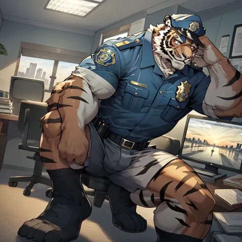 best quality, masterpiece, ultra-detailed, intricate illustration, detailed lighting, rim lighting, volumetric lighting, photorealistic rendering, 1 middle-aged male tiger anthro police character, tiger anthro police officers muscular feet and calves and w...