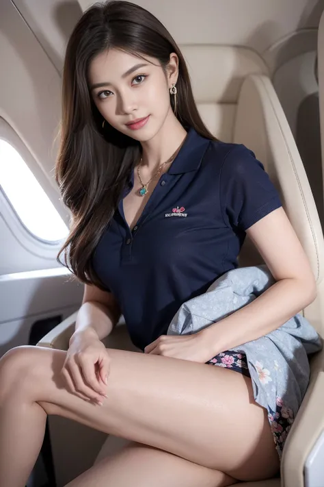 Highest quality,8K, Detailed facial depiction, Detailed description of the eyes,One Woman, Light brown hair(Medium-long hair),Beautiful Japanese Girl,24-years-old,Cute eyes,Cute Smile,flight attendant,Navy blue polo shirt with colorful floral print,Bare Ch...