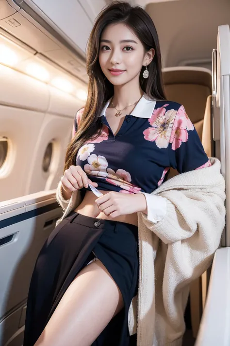 Highest quality,8K, Detailed facial depiction, Detailed description of the eyes,One Woman, Light brown hair(Medium-long hair),Beautiful Japanese Girl,24-years-old,Cute eyes,Cute Smile,flight attendant,Navy blue polo shirt with colorful floral print,Bare Ch...