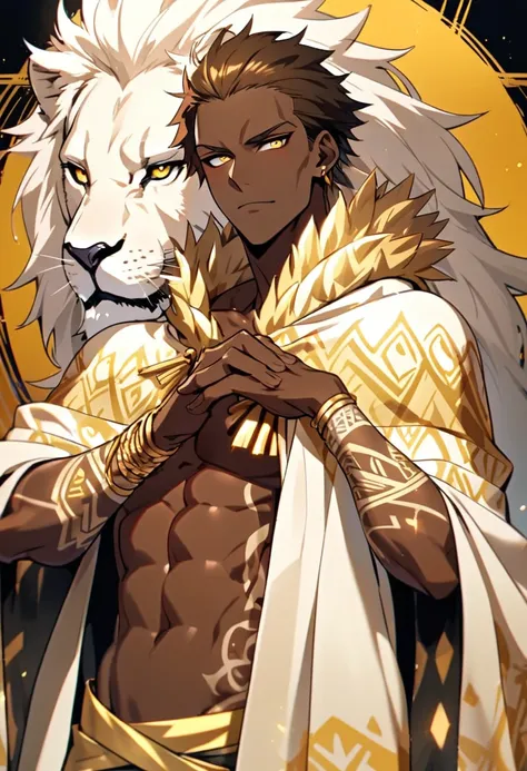 Handsome, solo, 1 male, African man,(((brown skin))), ((short wild golden hair)),  yellow eyes, no shirt, tattoed yellow tribal arms, ((white lion cloak)), pride posture