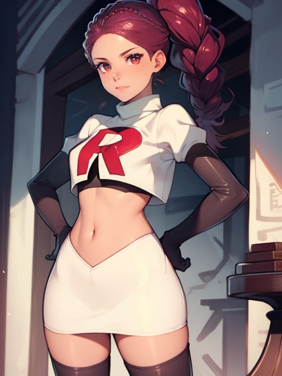 petra, braided ponytail, brown eyes, glossy lips ,team rocket uniform, red letter r, white skirt,white crop top,black thigh-high...