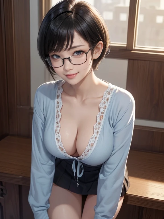 View your viewers,high school girl,Leaning forward,(Random cute clothes),(Random Animation Pose),(Thin type),(Very large breasts),(Big Breasts)(Accentuate your cleavage)(Black Short Hair)(Pixie Cut),(Best image quality, (8k), Ultra-realistic, 最high quality...