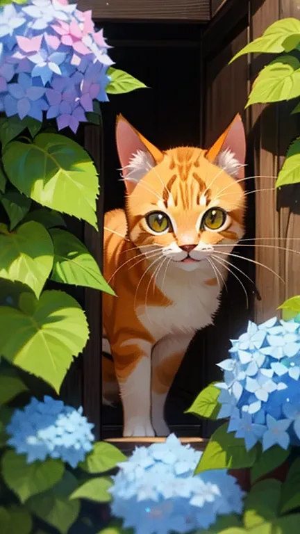 Orange kitten peeking out between hydrangeas 