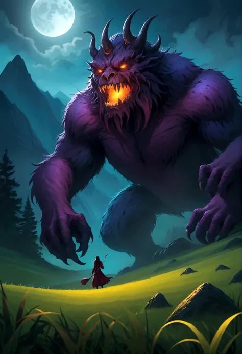 (masterpiece, best quality:1.4), light, rich and colorful, High contrast, Mountain, Grass, Tree, night, (fear (theme):1.2), (monster:1.2), dark