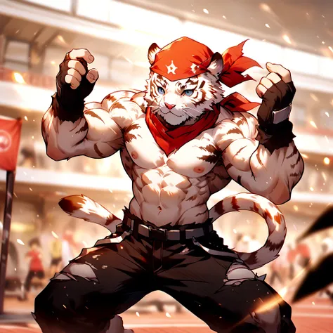 An athletic, muscular anthro white tiger wearing torn jeans and no shirt, wearing fingerless gloves, wearing a red bandana, in a fighting pose