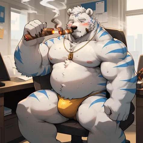 masterpiece, best quality, 8k resolution, Very detailed, hairy，(((polar bear))，(((Mature)))，(((beard))),(((Strong)))，(((White hair all over body)))，portrait，(((White hair)))，(((body blue stripes)))，(((office)))，For the audience，(((Shirtless)))，Highest qual...