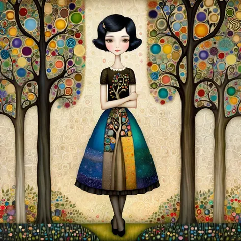  European woman with short black hair, a wide skirt, A woman with short black hair, a wide skirt, is hugging a tree and smiling sweetly, patchwork style inspired by Klimt, Nicoletta Ceccoli, Naoto Hattori, Lawrence Didier, and Leonora Carrington, intricate...