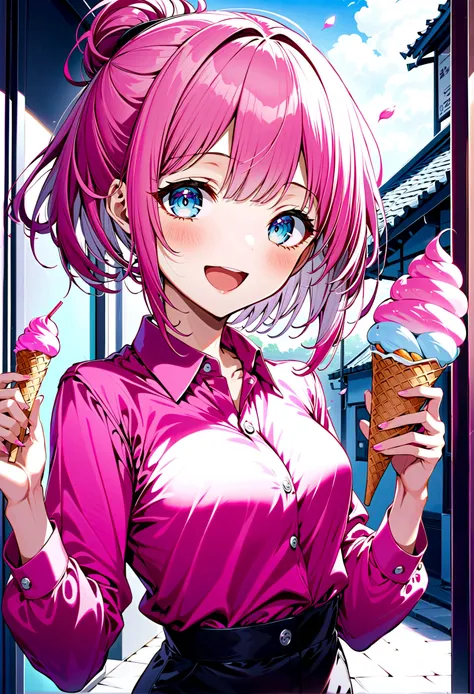 masterpiece,best quality, 1 Girl,Solitary,Uraraka,Work clothes,jumpsuit,Petal-shaped pupil,Change,Pink shirt,Holding ice cream,(Ponytail:0.6),Smile,open mouth,cloudy, 