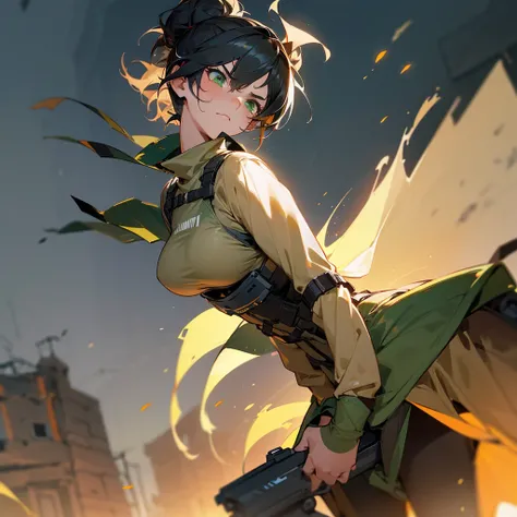 1female, young adult, tan skin, big breast, finely detailed green eyes, messy bun hair, black hair, army cap, combat pants, standing on ruined building, night time, serious expression