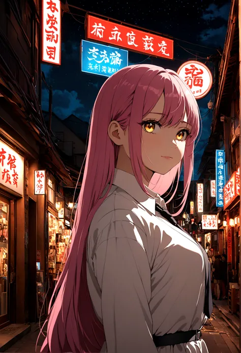 1 Girl, Pink long hair, Red Corner, White collar shirt, Black tie, A faint smile, Yellow eyes, Burning with desire_strength,, architecture,shop,Town Street, Dark sky, landscape,Neon,of the night city, Japanese lyrics,, , absurd, Delicate eyes, Extremely de...