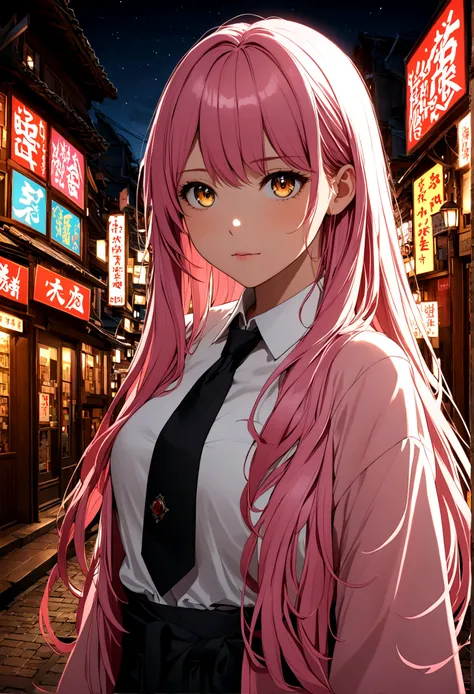 1 Girl, Pink long hair, Red Corner, White collar shirt, Black tie, A faint smile, Yellow eyes, Burning with desire_strength,, architecture,shop,Town Street, Dark sky, landscape,Neon,of the night city, Japanese lyrics,, , absurd, Delicate eyes, Extremely de...