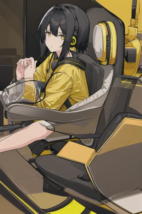 Adult male gamer、((Yellow headphones)), Sitting, Black Hair