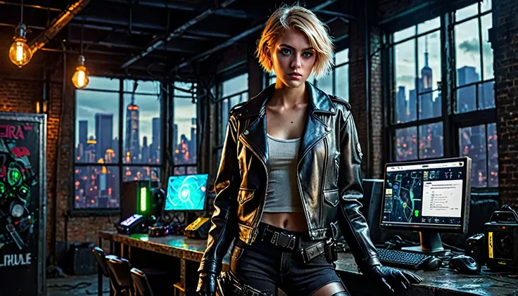 1girl, blonde hair, short hair, green eyes, glowing left eye, 21 years old, leather jacket, gloves, black gloves, jeans, boots, pistol holster, dark warehouse, 1 computer with three led monitors, window, new york cyberpunk city, detailed realistic portrait...