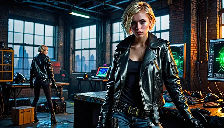 1girl, blonde hair, short hair, green eyes, glowing left eye, 21 years old, leather jacket, gloves, black gloves, jeans, boots, pistol holster, dark warehouse, 1 computer with three led monitors, window, new york cyberpunk city, detailed realistic portrait...