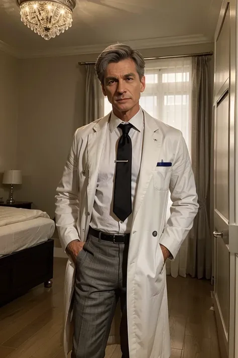 {
  "prompt": "A confident and authoritative male doctor with 57 years, with short silver hair and a well-groomed appearance, wearing a white coat over a black dress shirt with a black tie. He has a stethoscope around his neck and stands in an elegantly fu...