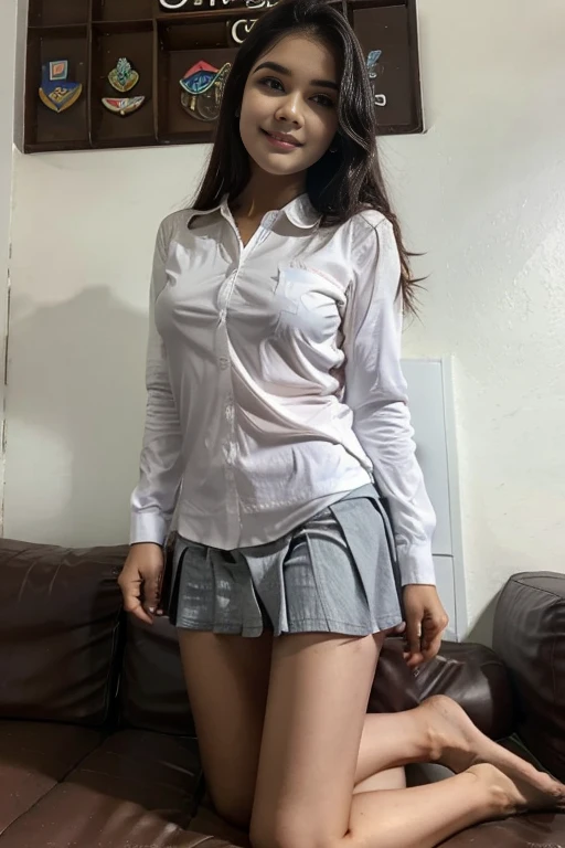 Young sweet beautiful Bogor city school girl, slim body, very georgeus face, 17 years old, wearing Indonesian white and grey uniform, long sleeve shirt, grey folded up kneel long skirt, sassy girl,  wavy short hairs, sleeping down relax opened wide legs on...