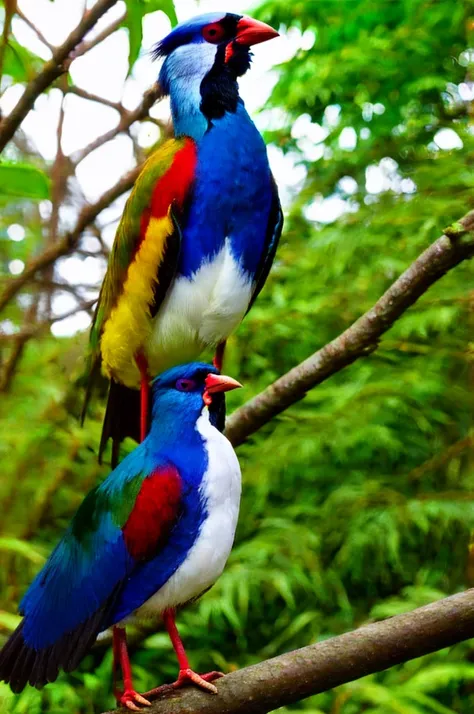 Photo - birds of paradise with bright plumage in a tropical forest sit on a tree branch