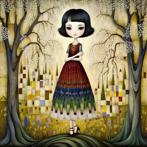 European A woman with short black hair, wearing a wide skirt, clutches the trunk of a large weeping willow tree in her arms and smiles softly., patchwork style inspired by Klimt, Nicoletta Ceccoli, Naoto Hattori, Lawrence Didier, and Leonora Carrington, in...