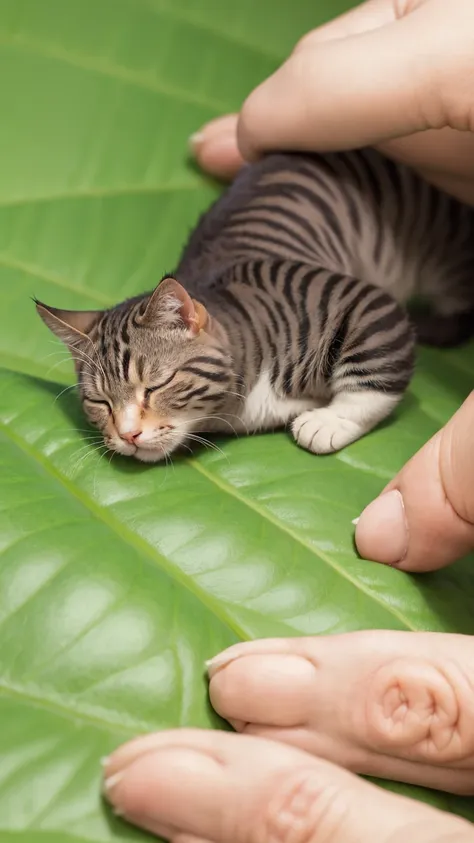 a cat about 5 mm in size、sleeping on a leaf、real video