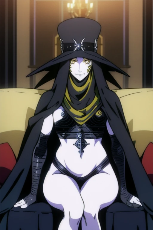 Masterpiece, best quality, Scathach, solo, female1, shin megami tensei, cape hat, black cape, flower tattoo, gloves, white skin, (yellow eyes 1.1), flowing, sitting, shirt, smile, couch, living room