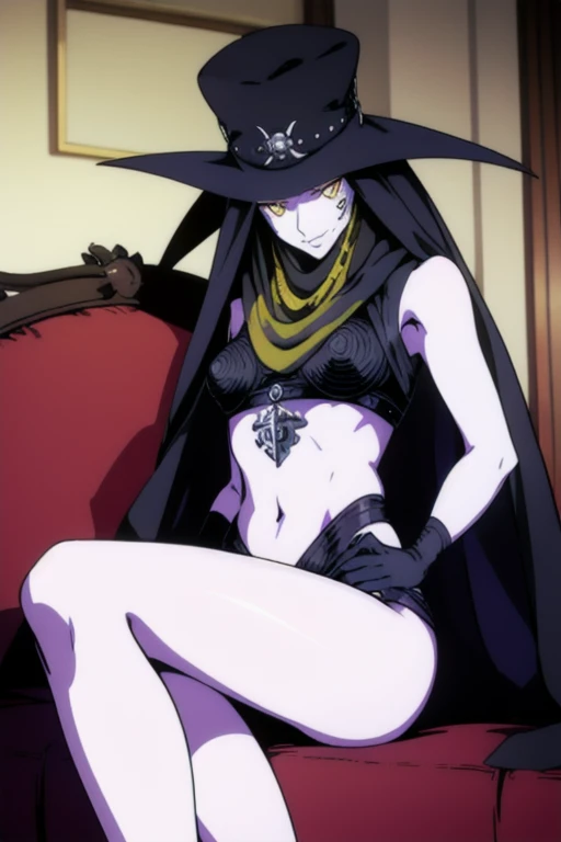 Masterpiece, best quality, Scathach, solo, female1, shin megami tensei, cape hat, black cape, flower tattoo, gloves, white skin, (yellow eyes 1.1), flowing, sitting, shirt, smile, couch, living room