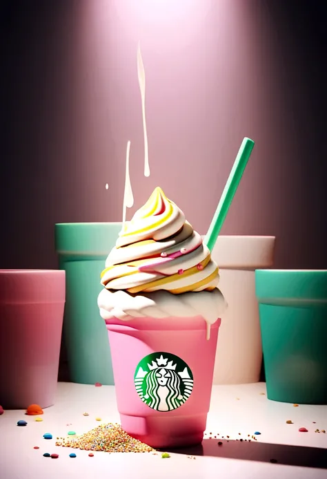 (best quality,4k,8k,highres,masterpiece:1.2),ultra-detailed,colorful playful cartoon coffee cup,Starbucks-style frappuccino, pastel colors,soft lighting,3d render,studio lighting,glossy,ceramic,glass,foam,straw,sprinkles,dripping,swirly,dynamic composition...