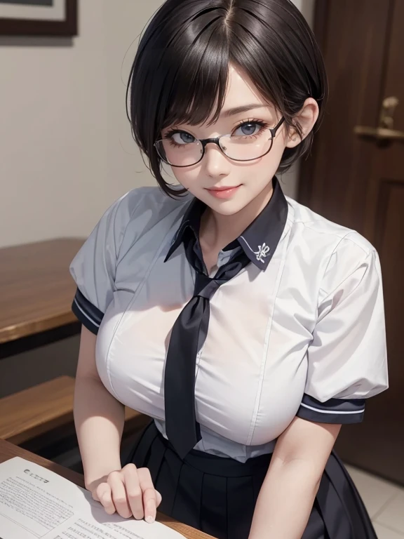 Looking into the camera,high school girl,Leaning forward,(Random cute uniforms),(Random erotic poses),(Thin type),(Very large breasts),(Big Breasts)(Accentuate your cleavage)(Voluptuous body)(Black Short Hair)(Pixie Cut),(Best image quality, (8k), Ultra-re...