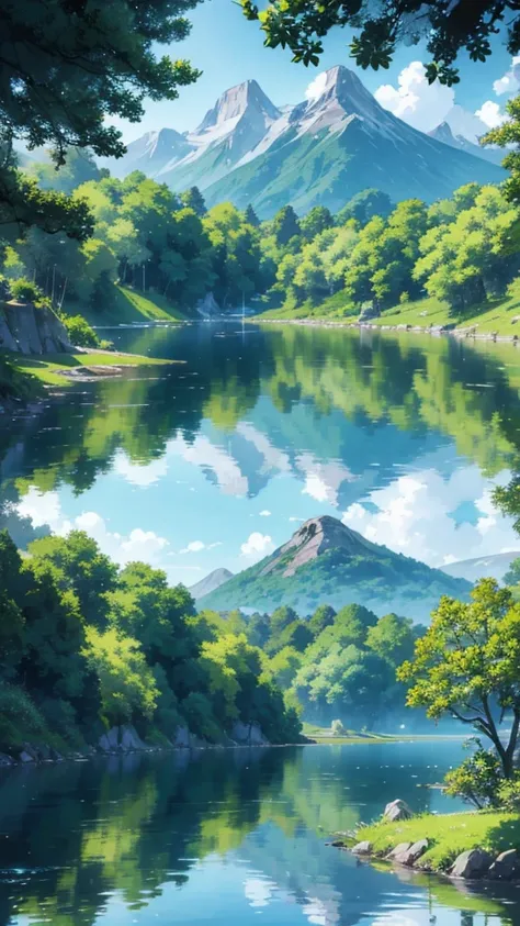 Anime characters sitting by a serene lake, clear water reflecting the sky, mountains in the background, lush greenery, calm and peaceful atmosphere, Studio Ghibli style, detailed scenery, anime background key visual, tranquil lakeside scene, cinematic anim...