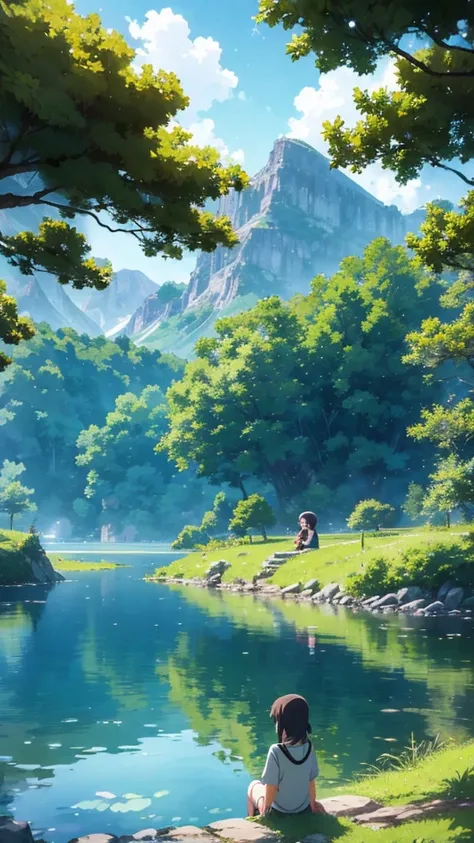 Anime characters sitting by a serene lake, clear water reflecting the sky, mountains in the background, lush greenery, calm and peaceful atmosphere, Studio Ghibli style, detailed scenery, anime background key visual, tranquil lakeside scene, cinematic anim...