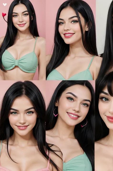 A collage girl smile with teeth,long black hair,small fingers, green eyes, pieced eyebrows rose lips heart shaped jawline 