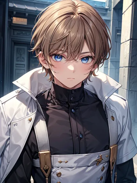 masterpiece, best quality, ultra-detailed,1boy,handsome,light brown hair,bangs between eyes,(bobbed hair),light blue eyes,16 years old,black outfit, (extremely detailed head), (extremely detailed face), (extremely detailed hair)