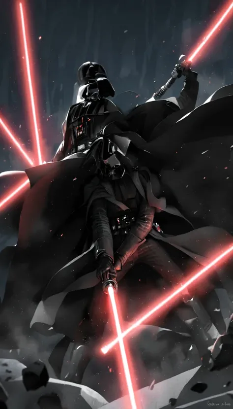 Darth vader slaying Luke Skywalker with light saber