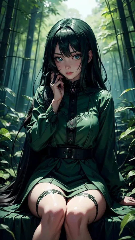 anime girl sitting in the forests and trees, in the style of hyper-realistic sci-fi, gothic dark and ornate, flowerpunk, realistic, violet and green, highly realistic,detailed face, detailed eyes, detailed hands
