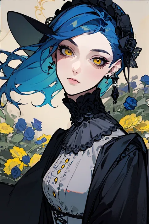 (highest quality、masterpiece:1.2), ((mature woman))huge , adult face、blue hair、both sides up、yellow eyes, (dark eyeshadow、lots o...