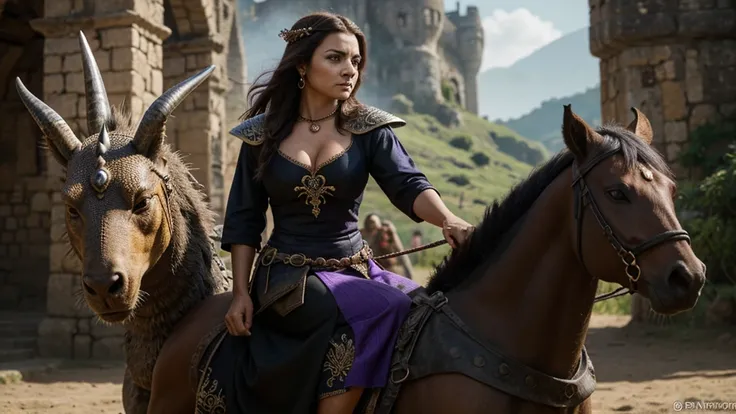 mulher, pele branca, olhos azuis, cabelos brancos, usando um vestido medieval vermelhos com detalhes pretos, wearing a necklace with a small dragon. the woman is riding on a female dragon of black color and purple eyes. she has a hateful look. she is in a ...