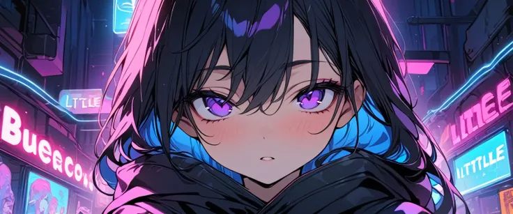 [(RED SEA BACKGROUND:1.5),::5], ((((masterpiece)))), high quality, ultra very high resolution, full color, (((solo))), ((little boy)), black hair, ((blue colored inner hair)), ((purple eyes)), anime, ((upper body)), neon light, black parka,