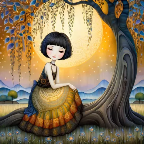 European woman with short black hair, wearing a wide skirt, rests leaning against the trunk of large weeping willow and smiles softly as the sun sets on the horizon, patchwork style inspired by Klimt, Nicoletta Ceccoli, Naoto Hattori, Lawrence Didier, and ...