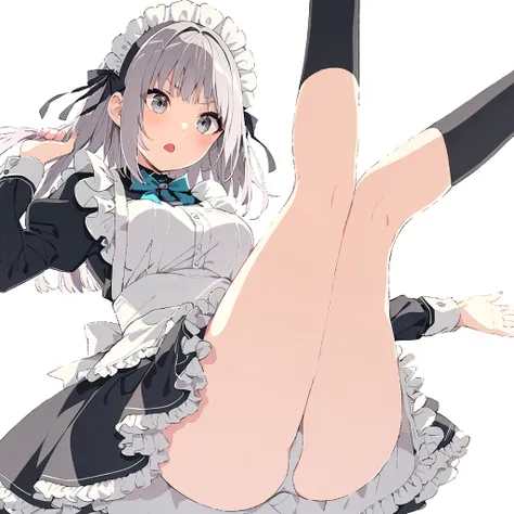 1 Girl, Solitary, High Leg Raise, Long hair, white High Leg Raise, breast, maid, maid headskirt, White background, apron, From below, Looking at the audience, skirt, Gray eyes, Simple background, Bangs, Long sleeve, medium breast, Ruffles, Juliet Sleeves, ...