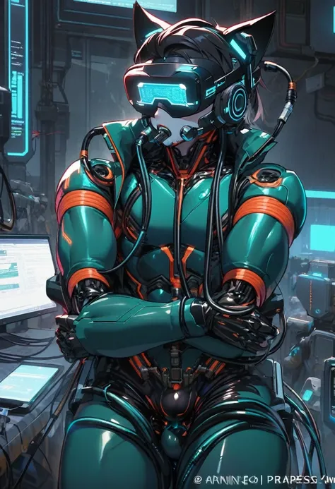 (nsfw5) (((1boy))), (((anime boy))), 20 years old, muscular body, black hair, latex suit, black latex, skintight no zipper neck entry latex suit, fullbody latex suit, shoulder plastic armour, ((wearing virtual reality headset1.5)), visible eyes, ((thick ca...