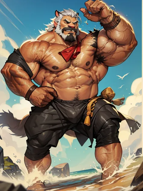 A burly, virile, and hairy werewolf, exuding the irresistible charm of a himbo muscle daddy. His middle-aged features, adorned by a long, bushy beard and a thick mustache, reveal a life of experience and adventure. His body, sculpted into a warriors build ...