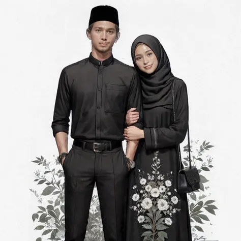 1man wearing black shirt, black kopiah, 1woman wearing dress and hijab, extreme quality, Cg unity 8k, super delicate, background blur, full depth of field, HDR high dynamics, real restoration, intricate and extreme details, perfectly presenting the style o...