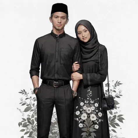 1man wearing black shirt, black kopiah, 1woman wearing dress and hijab, extreme quality, cg unity 8k, super delicate, background...