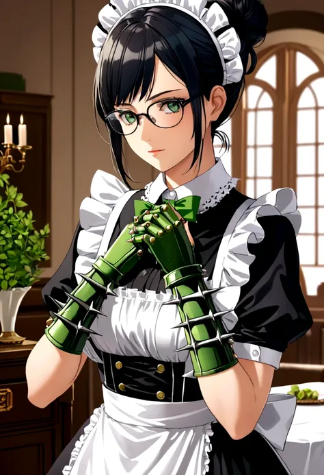 highres, sharp focus, pixiv masterpiece, ((intricate details)), highly detailed, yuri alpha, 1girl, black hair, (green wristband, green gauntlets, spikes,:1.1) glasses, green eyes, maid, single hair bun, dress, choker, bowtie, maid apron, 