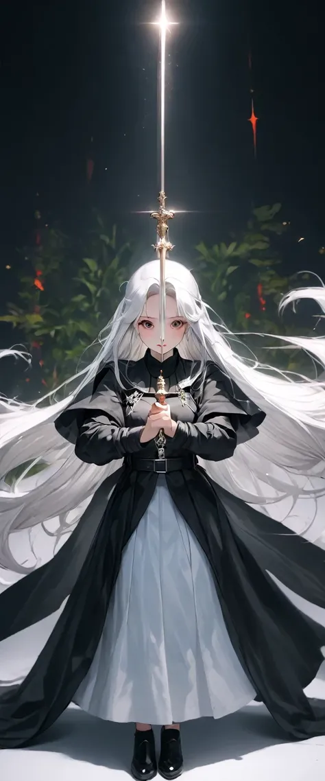 Character (white long hair) (lots of accessories and exaggerated silver jewelry) (nun manga-style clothing) (character in dynamic pose)