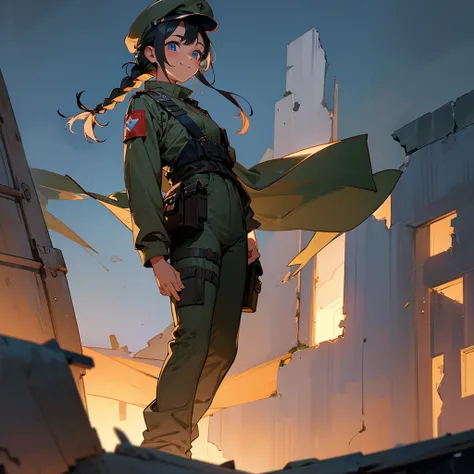 1female, young adult, tan skin, finely detailed blue eyes, braided bun hair, black hair, army cap, combat pants, standing on ruined building, night time, happy expression, blushing